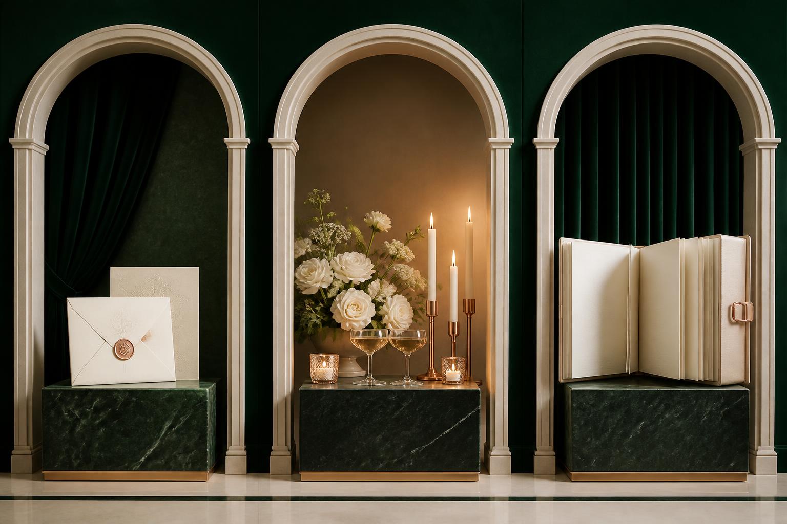 Three refined ivory arches presenting an invitation, a candlelit celebration and a keepsake album