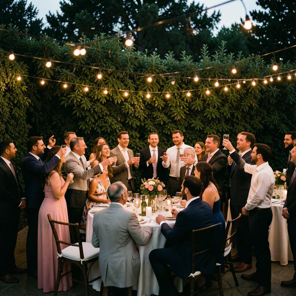 Guests raising a toast under string lights