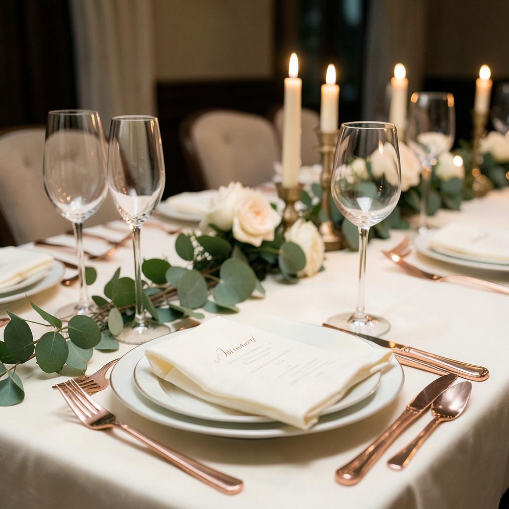 Reception table set with ivory linen and candlelight