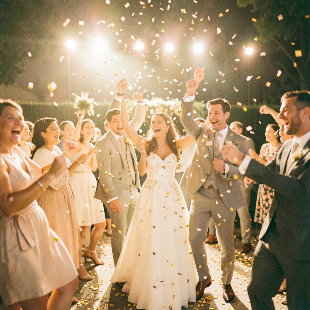 Guests dancing as confetti falls