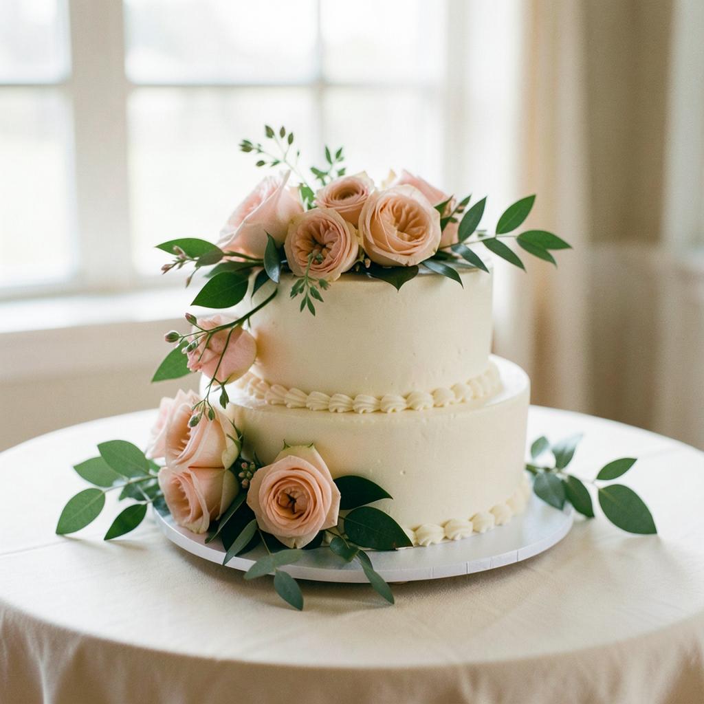 Two-tier cake decorated with fresh roses